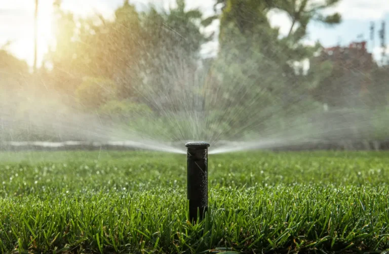 A sprinkler watering a beautiful lawn, landscaped grass turf